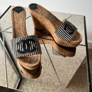 Chanel black & white striped cork wedge platform slide sandal